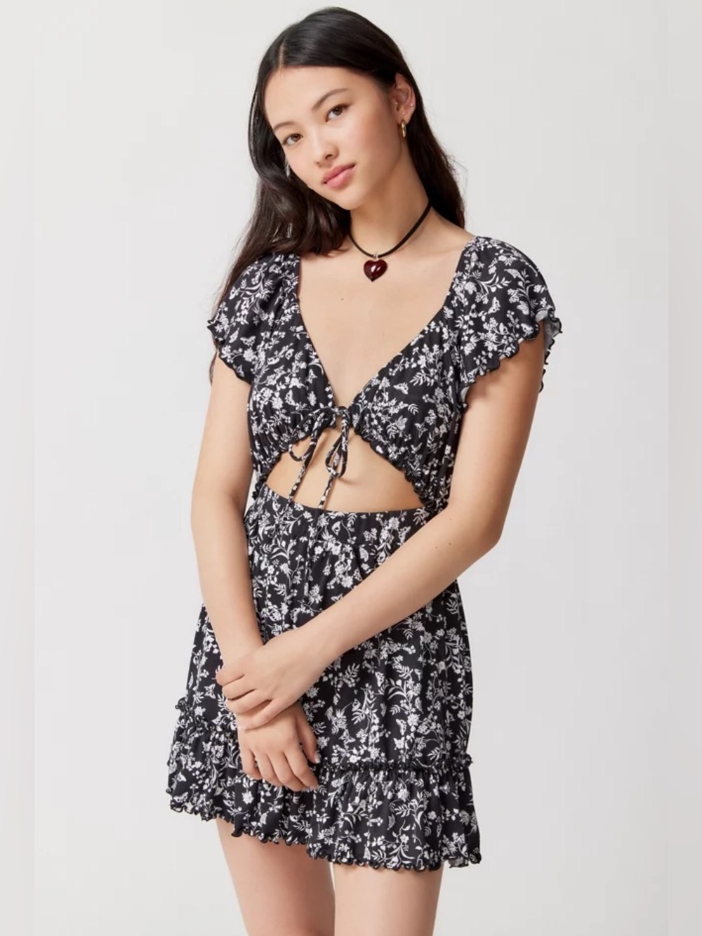 Urban Outfitters UO Rianna Floral Ruffle Mini Dress Black White XS NWT